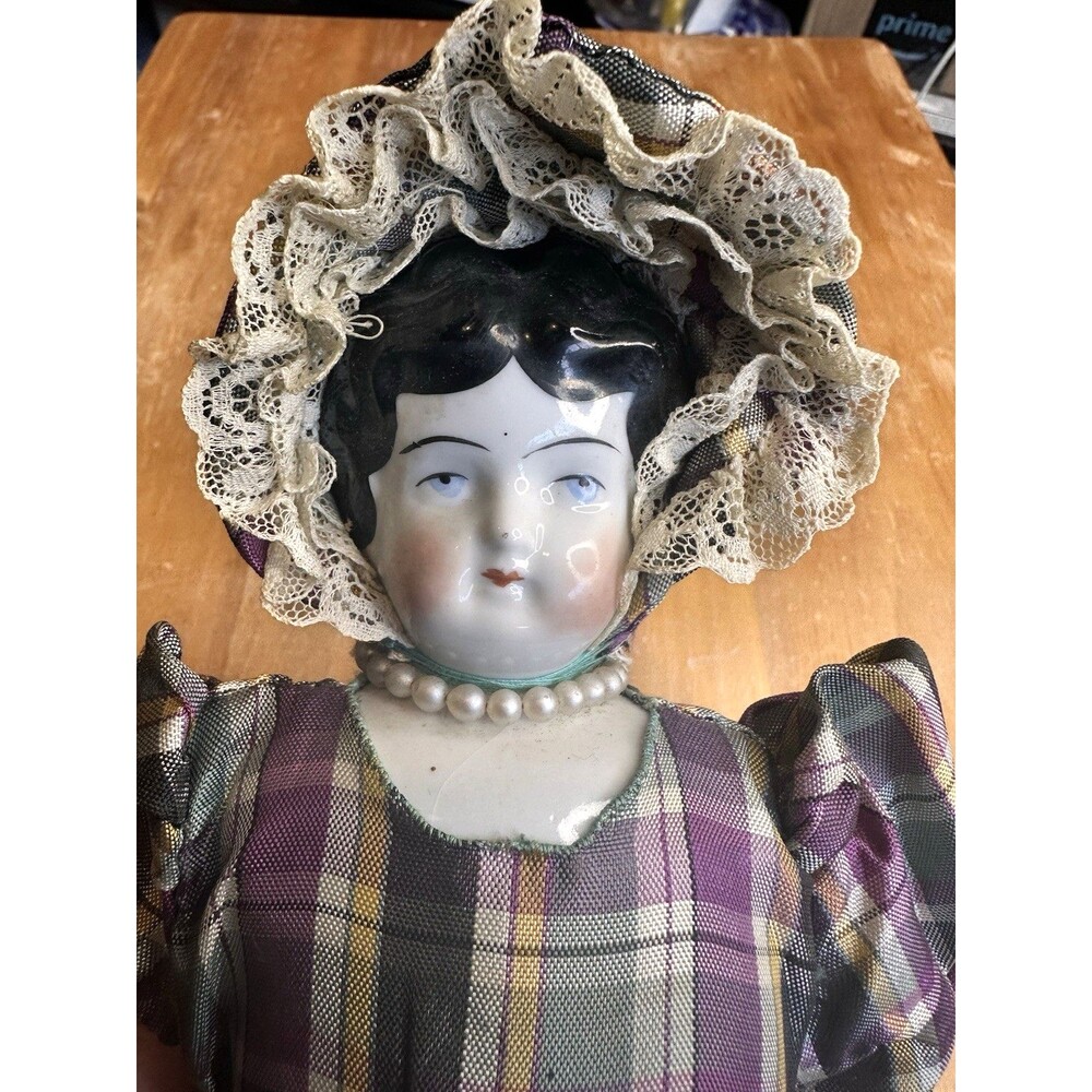 Low Brow China Porcelain 14” Antique Dressed Doll Brown Boots Blue Eyes #3